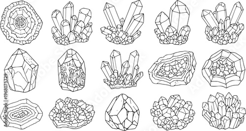 Collection of hand drawn crystal clusters and geological formations white background