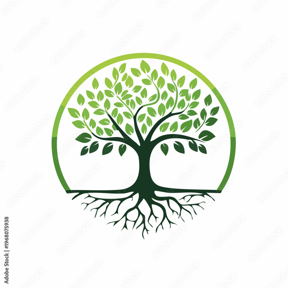 Obraz premium Vibrant Green Tree of Life with Roots in a Circular Frame.
