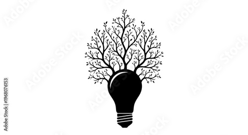 A black light bulb with tree branches and leaves grows out of it.