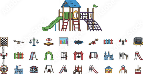 Children’s Playground Equipment Collection with Slides, Swings, Climbing Structures, and Outdoor Play Items in Flat Vector Style