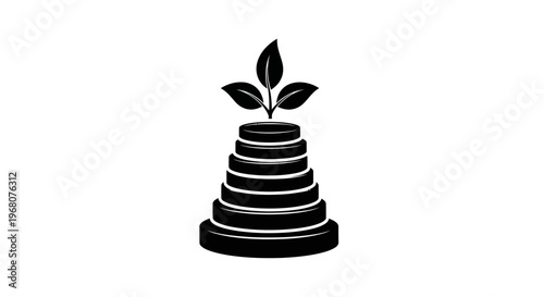 A plant grows on top of a stacked conical structure made of disks.