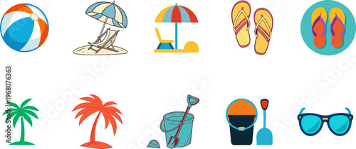 Summer Beach Vacation Lifestyle Icons Set Flip Flops Umbrella Sunglasses Palm Tree Sand Bucket Travel Holiday Flat Vector Collection