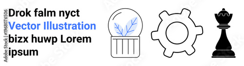 Business innovation, strategy planning, technology concepts, creative solutions, leadership growth, engineering. Glass dome with plant, gear symbol chess piece. Business innovation and strategy