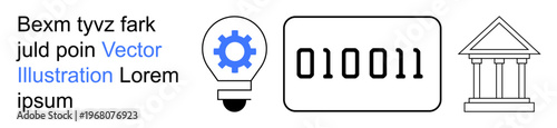 Digital innovation, technology, programming, financial services, creative solutions, data analysis. Light bulb with gear, binary code and bank symbol. Digital innovation and technology concept