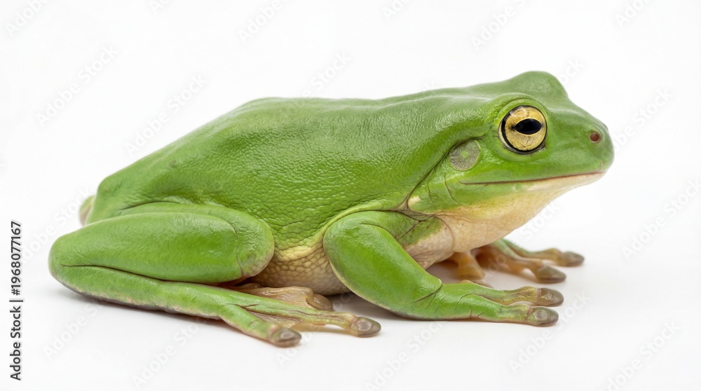Fototapeta premium A vibrant green tree frog resting with its textured skin and distinctive yellow and black eyes
