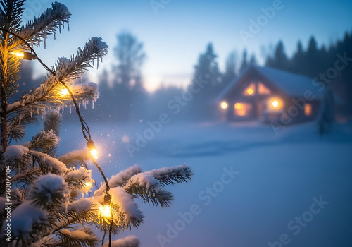 Winter landscape with snow covered fir tree and illuminated house in the distance