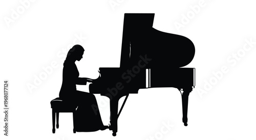 Silhouette of a woman in a formal gown playing a grand piano on a white background evokes classical music and performance artistry.