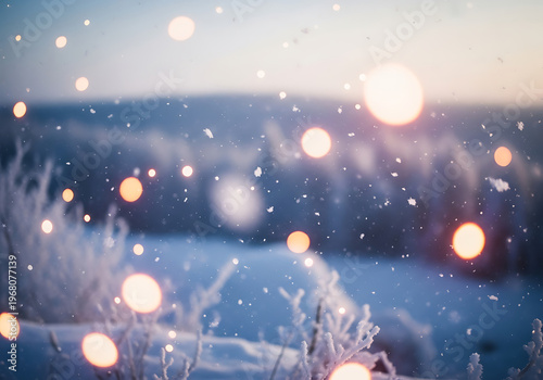 Winter landscape with softly illuminated bokeh lights and falling snow