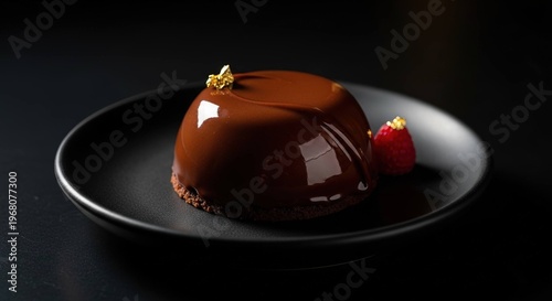 Chocolate dessert on black plate with garnish isolated on black