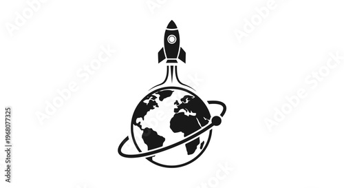 A rocket ship blasts off from the Earth surrounded by a satellite.