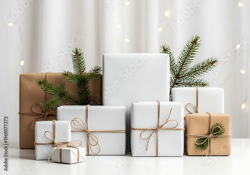 Wrapped gift boxes and pine branches on a white surface with transparent background