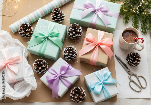 Wrapped gift boxes with colorful ribbons and pinecones on craft paper