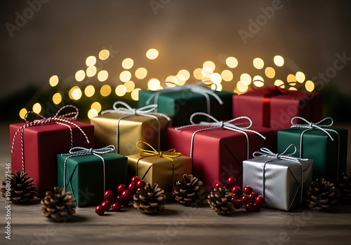 Wrapped gift boxes with festive decorations and bokeh lights holiday season