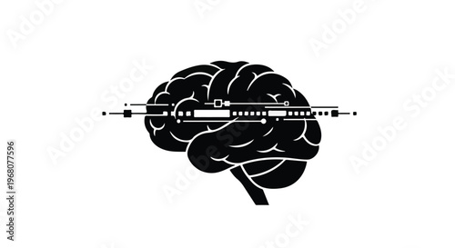 Stylized black silhouette of a human brain with intricate digital circuit patterns and data lines integrated within its structure symbolizes technology and intellect.