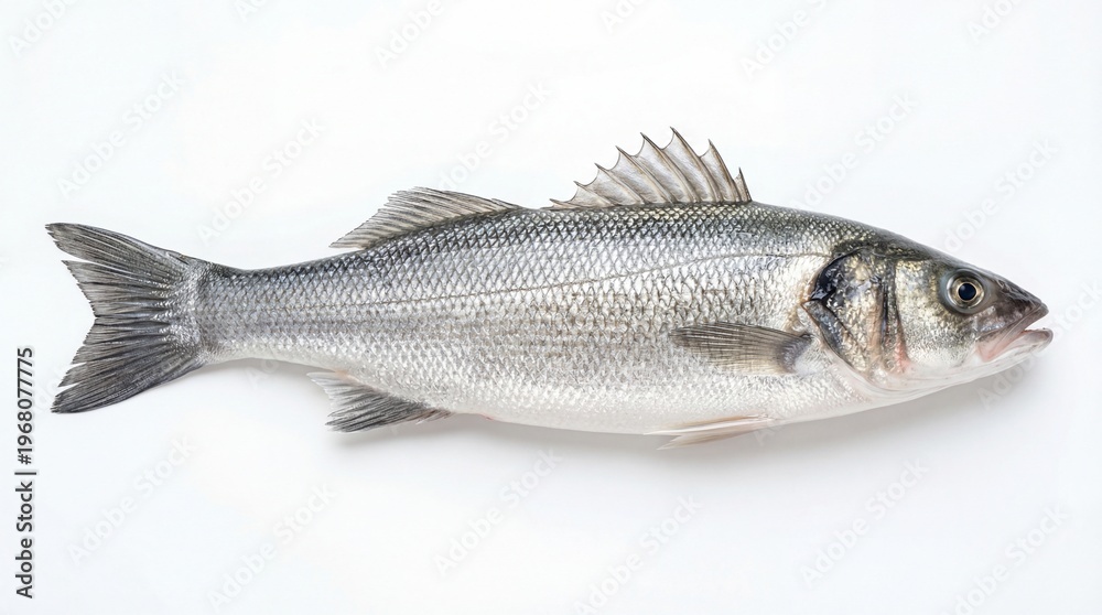 Fototapeta premium A single raw whole mediterranean sea bass fish with silvery scales and detailed dorsal fin rays