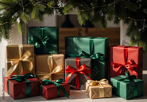 Wrapped gift boxes with ribbons under evergreen branches holiday concept