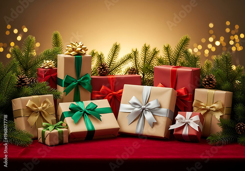 Wrapped presents with bows and pine branches on a red surface with transparent background