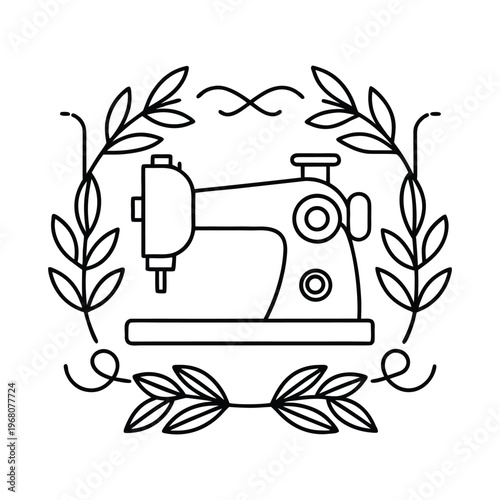 Vintage sewing machine surrounded by leaves and vines illustration