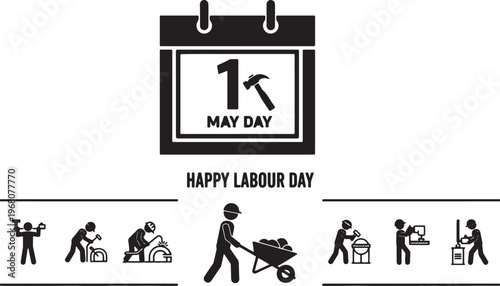 May 1st Labor Day Greeting with Hammer Icon and Calendar Symbol for Workers Holiday