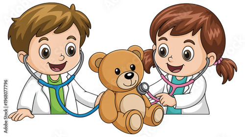 Two doctors in white coats holding a teddy bear and a small dog Vector