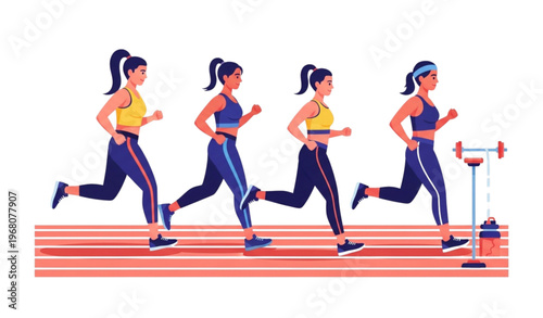 Flat vector illustration of athletic women running together for marathon and cardio training