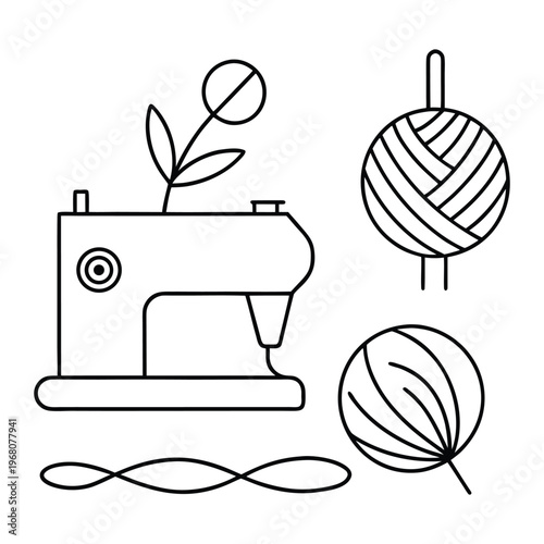 Sewing machine with yarn balls and thread