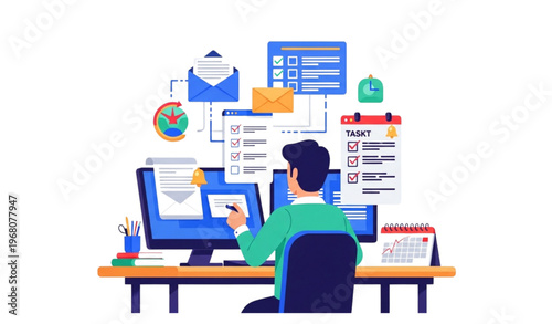 Flat vector illustration of office employee managing email workflow and checklist tasks at desk