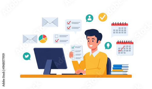 Colorful cartoon illustration of office employee managing complex email and task workflow at desk