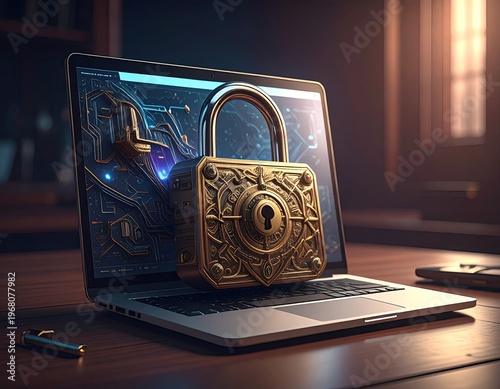 Ornate padlock over laptop shows cyber security focus