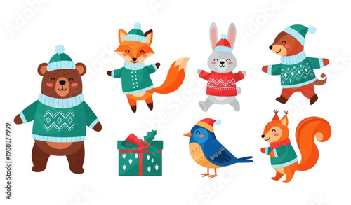 Colorful cartoon illustration of forest animals in winter sweaters and hats for kids and seasonal designs