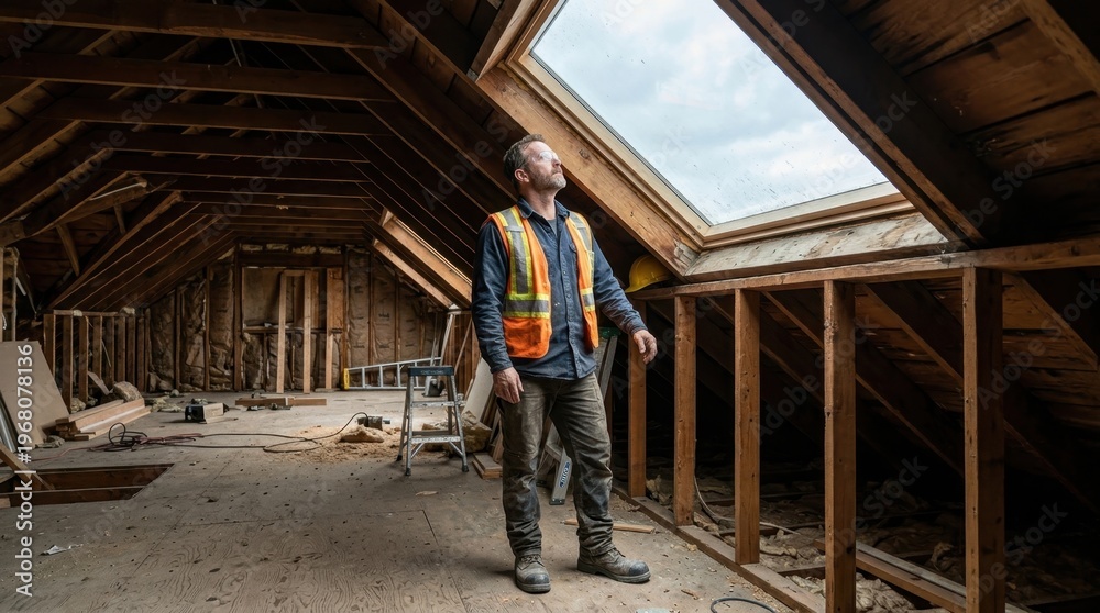 Fototapeta premium Construction foreman in safety vest inspecting attic framing under skylights