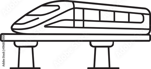 Outline vector icon depicting futuristic high speed maglev monorail passenger train traveling on elevated track infrastructure