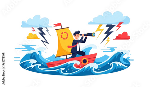 Colorful cartoon businessman on boat with spyglass navigating stormy seas symbolizing strategic vision