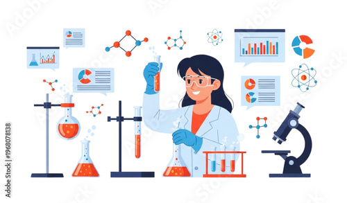 Playful cartoon illustration of female scientist doing lab experiments with data and research icons