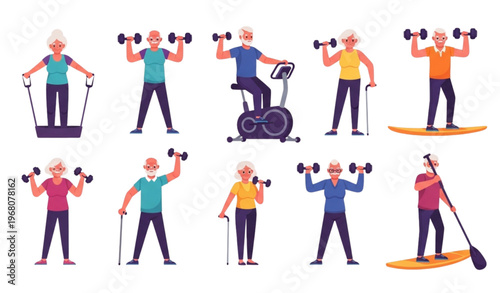 Flat vector illustration set of elderly people doing sports with dumbbells, resistance bands, bike, and SUP board