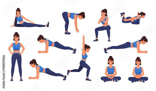 Flat illustration set of young woman performing fitness exercises and yoga poses for workout routine