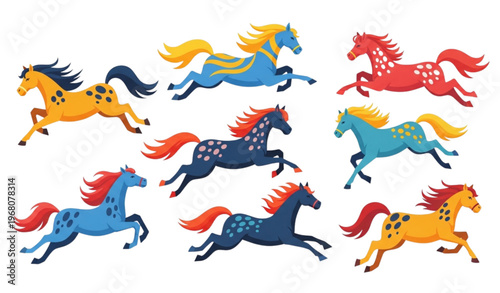 Playful cartoon horse collection with seven galloping horses in vibrant colors for kids illustration and education