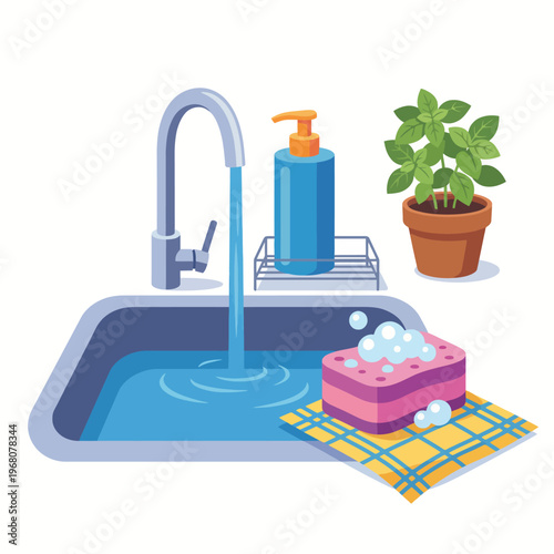 A tidy kitchen scene captures the essence of cleanliness with water flowing from the faucet, bubbles forming, and a sponge resting nearby, promoting a fresh, hygienic atmosphere.
