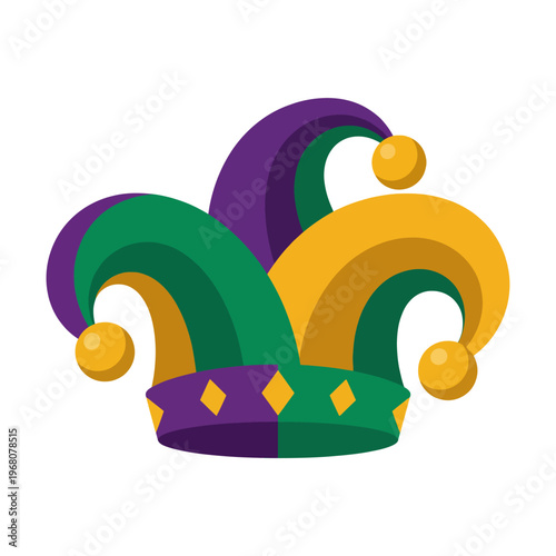 This colorful jester hat features purple, green, and gold, representing fun, playfulness, and the festive spirit often associated with celebrations and carnivals.