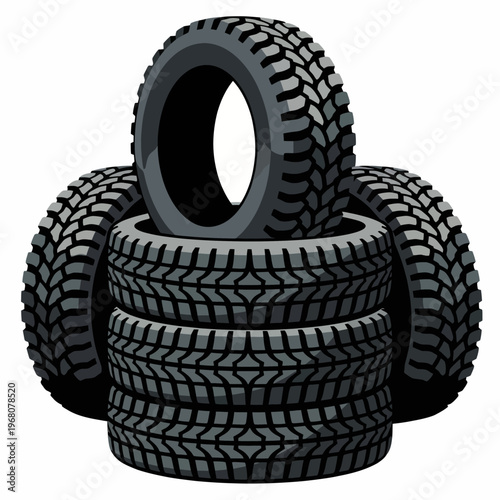 This image showcases a stack of rugged tires with detailed tread, emphasizing durability and performance in automotive applications and highlighting the importance of quality manufacturing.