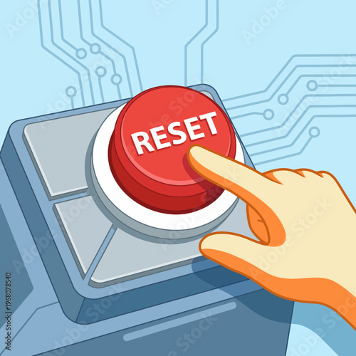 A large, vibrant red reset button being pressed, symbolizing the idea of starting over, often used in technology interfaces and gaming applications.