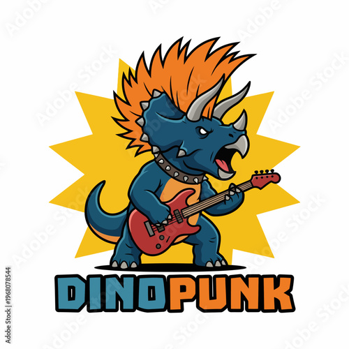 A cartoonish dinosaur with an edgy punk look, rocking out on an electric guitar, representing the fun and playful side of music and vintage styles.