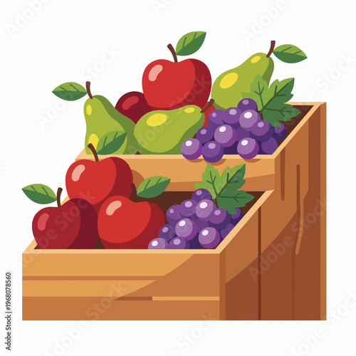 A delightful arrangement of fresh apples, pears, and grapes in wooden crates, emphasizing health, nature, and the deliciousness of seasonal produce.