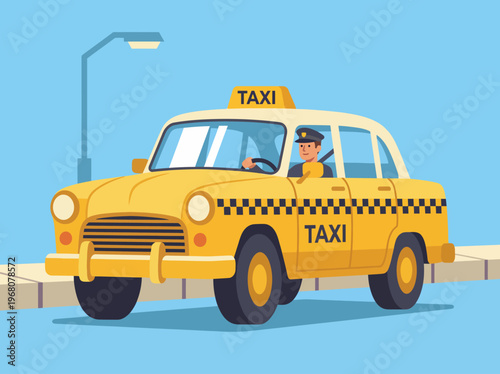 A cheerful yellow taxi cab with a smiling driver, embodying the essence of urban travel and city life, perfect for illustrations related to transportation.