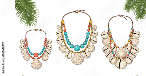 Colorful Shell and Bead Necklace Set with Turquoise, Coral, and Yellow Accents for Beach and Bohemian Style Fashion