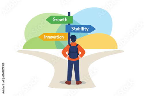 Person standing at a crossroads with signs for growth stability and innovation.