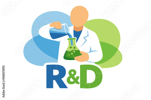 Scientist performing chemical experiment with flask and RD text.