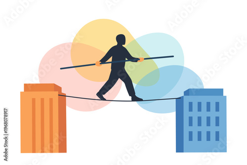 Silhouette of a person balancing on a tightrope between two buildings.