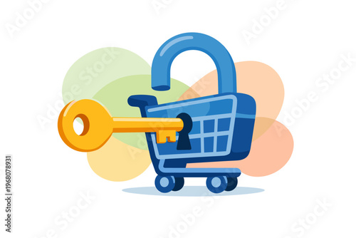 Shopping cart with padlock and key symbolizing security.
