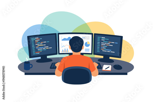 Programmer working on multiple computer screens with code and charts.
